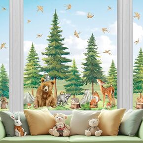 Whaline 6 Sheets Spring Woodland Animals Window Clings Watercolor Forest Mountain Tree Animal Window Decals Large Reusable Decoration for Party Home Office Classroom