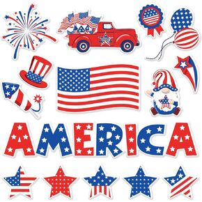 Whaline 2 Sheet Patriotic Thick Gel Clings 4th of July American Flag Star Truck Gnome Reusable Window Decals for Independence Day Home Party Supplies