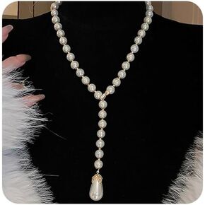 Chargances Dainty Long Pearl Lariat Necklaces 1920s White Flapper Beads Y Choker Wedding Costume Jewelry Necklace for Women Brides