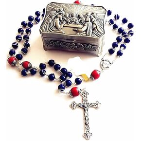 elegantmedical Handmade Sterling 925 Silver Lapis Lazuli Beads Rosary Cross Crucifix Catholic Necklace Gifts