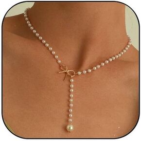 Gold Bow Necklace for Women Bow Pearl Necklace Boho Pearl Bow Pendant Necklace Lariat Necklace for Women Jewelry