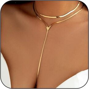 Stylish Long Gold Lariat Y Necklace for Women Trendy, Dainty Snake Tassel Chain Triangle Bead Pearl Choker Necklace Party Prom Valentine Jewelry Gifts