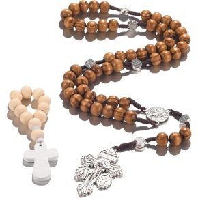 2Pcs Catholic Rosary Round Wooden Prayer Rosary Bead Handmade Line Christian Vintage Cross Ornament Rosary Necklace