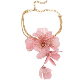 Vintage Floral Layered Necklace for Women Designer Flower Metal Tassel Fringe Y-shaped Large Filigree 3D Boho Hawaiian Big Petals Vacation Chic Oversized Statement Fashion Jewelry