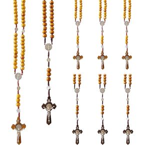 6 Pcs Wood Beads Rosary Necklace Saint Benedict Medal & Catholic Crucifix Cross Handmade Prayer Rosary