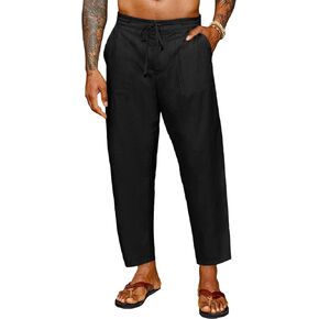 Runcati Mens Cotton Casual Pants Elastic Waist Drawstring Lightweight Cropped Pants Summer Beach Yoga Trousers