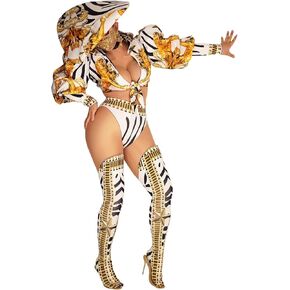 Women Gogo Costume sexy Nightclub Bar party Dj Hat jacket pants foot cover Suit leopard print jazz Dance Clothing Stage Wear (white)