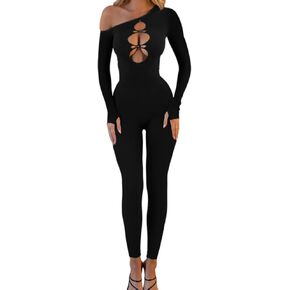 Women Sexy One Shoulder Hollow Out Bodycon Jumpsuit Long Sleeve One Piece Outfits Romper