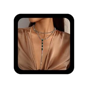YienDoo Sexy Long Crystal Y Necklace Choker Chain Wedding CZ Rhinestone Collar Lariat Emerald Pendant Necklace Green Crystal Charm Necklace Silver Unique Layered Crystal Prom Necklace for Women