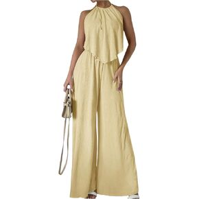 Women's Vocation Casual Two Piece Outfits Halter Tie Backless Tank Top and High Waist Wide Leg Pants Set