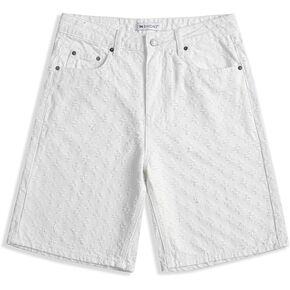 SHION7 Men's Denim Shorts, Relaxed Fit Knee Length Short Pants for Men, Ripped Baggy Half Pant, Streetwear Oversized Shorts