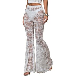 Verdusa Women's Sheer Lace High Waist Flared Leg Pants Bell Bottom Lightweight Summer Outfit in Kuwait