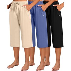 Neer 3 Pack Women's Capri Pants, Cotton Wide Leg Basic Sweatpants Lounge Loose Fit Casual Drawstring Yoga Capris with Pockets
