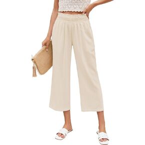 LookbookStore Linen Pants Women Capri Wide Leg High Wasited Pull On Elasitc Waist Summer Beach Palazzo Capris Pants