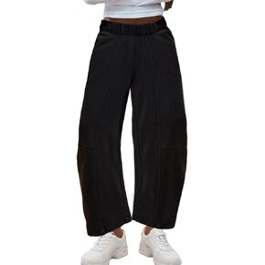 Hixiaohe Womens Baggy Wide Leg Pants عارضة سراويل برميل مرنة مرنة بصراحة سروال الحريم مع جيوب