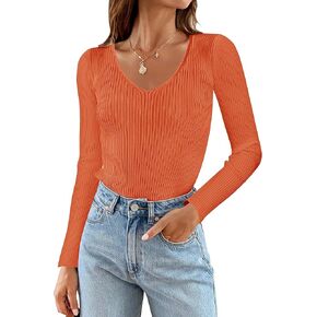 ZESICA Women's Fall Long Sleeve V Neck T Shirts Ribbed Knit Sweater Slim Fit Solid Basic Casual Tee Tops