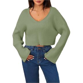 MakeMeChic Women's Cream Cropped Sweater Knit Crop Top Sweater V Neck Drop Shoulder Long Sleeve Pullover