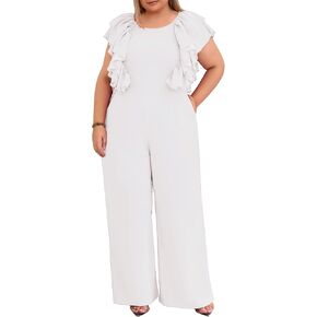 VERWIN Plus Size Ruffle Women's Jumpsuit Plain Full Length Romper Sleeveless Patchwork Overlay Jumpsuit with Pockets