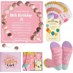7 Year Old Girl Birthday Gifts, Affirmation Cards for Kids and Teen Girls,7th Birthday Gift Basket Ideas Present for Daughter Granddaughter Niece Little Sister Adjustable Stone Pearl Bracelet Socks