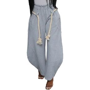 YOOTIKO Womens Straight Wide Leg Pants Barrel Sweatpants Hemp Rope Elastic High Waist Baggy Trousers