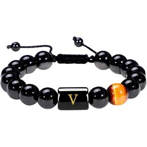 Initials Bracelets for Men Letters Bracelet Natural Tiger Eye Black Onyx Beaded Bracelet Handmade Jewelry Gift for Men