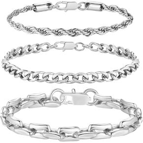 AIAINAGI 3PCS سلسلة أساور للرجال للنساء من الفولاذ المقاوم للصدأ الورق paperclip figaro حبل كوبية سلسلة الرابط