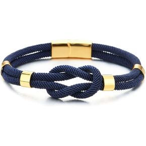 COOLSTEELANDBEYOND Mens Women Friendship Nautical Knot Dark Blue Cotton Straps Double-Lap Wristband Gold Color Bracelet
