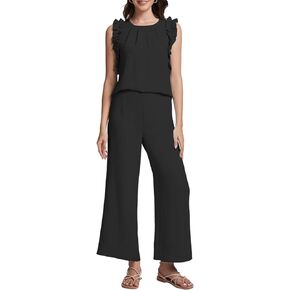 ROYLAMP Women's Summer 2 Piece Outfits Ruffled Round Neck Tank Jumpsuits Cropped Wide Leg Pants Matching Set