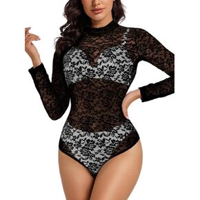 Women's Sexy Lace Bodysuit, Sheer Long Sleeve Snap Crotch Floral Top Music Festival, Mock Turtleneck Going Out Outfit