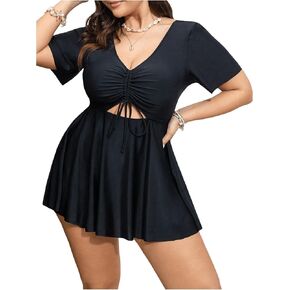 OYOANGLE Women's Plus Size Tankini Sets 2 Piece Drawstring V Neck Short Sleeve Swim Dress Bathing Suits