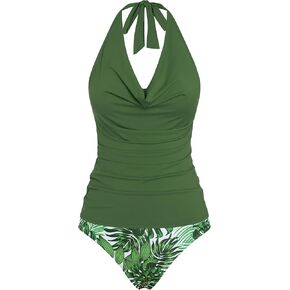 ZAFUL Women's Halter Two Piece Tankini Swimsuit Cowl Neck Swim Tank Top High Waisted Tummy Control Bathing Suits