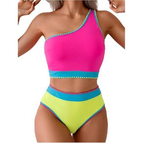 SOLY HUX Tankini Swimsuits for Women Color Block One Shoulder High Waisted Two Piece Bathing Suit