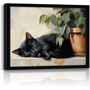 WOXZQ Canvas Wall Art, Oil Painting Decor, Cute Black Cat Sleeping Paintings, Farmhouse Pictures, Animal Artwork, Rustic Prints Cottagecore Office Living Room Bedroom 16 * 12 Inch