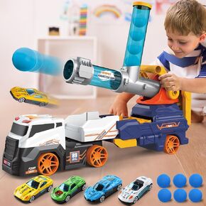 Dwi Dowellin Carrier Truck Toys Launcher Toys, Transport Toys Include 4 Metal Racing Cars+6 Ball， with Light & Sounds Catapult Car Toys for Kids Outdoor Sport Flying Toys Gifts Boys Girls