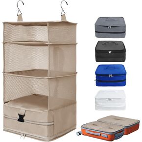 Caroeas Portable Hanging Travel Shelves Bag Suitcase Organizer Carry-on Closet Packing Cubes for Travel, 3-Shelf Suitcase Closet with 2 Hooks, Large Capacity, Black