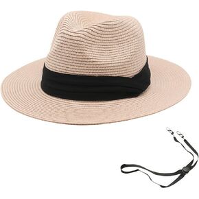 Panama Straw Sun Hat Unisex Wide Brim Sun Caps Foldable Beach Hat with Wind Cord