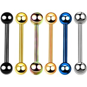 6pc 14g الفولاذ الجراحي مختلط لون الحديد لسان اللسان مستقيم حلقة مرصعة مجوهرات ثقب مجموعة 5/8 "