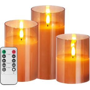Glass Flameless Candles with Remote and Timer, Flickering Real Wax LED Pillar Candles Battery Operated with 3D Flickering Flame - 3" x 4", 3" x 5", 3" x 6" - Set of 3 (Gold)