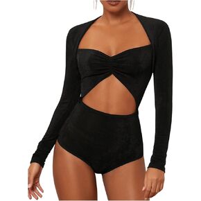 OYOANGLE Women's Long Sleeve Sweetheart Neck Ruched Cut Out Bodysuit Going Out Body Suit Tops