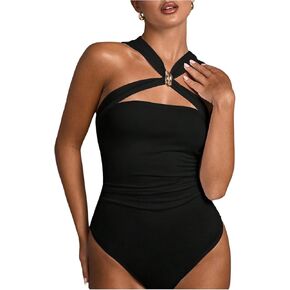Milumia Women's Cut Out Bodysuit Crisscross Ocleveless Ruched Tank Tops