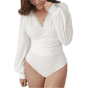 OYOANGLE Women's Elegant Eyelet Embroidery V Neck Lace Trim Long Sleeve Bodysuit Slim Fit Leotard Top