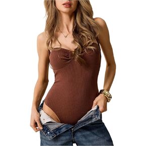 OYOANGLE Women's Ring Linked Ruched Ribbed Knit Halter Bodysuit Tie Back Going Out Body Suits