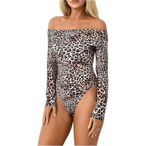 MakeMeChic Women's Off The Shoulder Tops Leopard Print Bodysuit Tops Long Sleeve Slim Fit Leotard Top