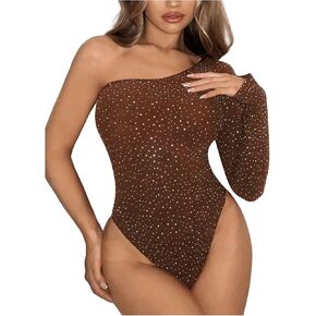 WDIRARA Women's Rhinestone One Shoulder Bodysuit Top Asymmetrical Long Sleeve Party Body Suit