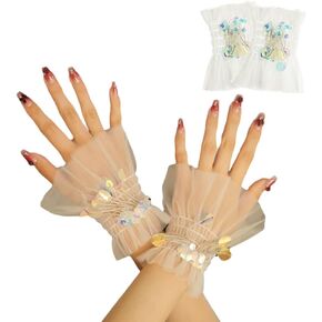 MIUPOO Tulle Fingerless Wrist Cuffs Gloves,White Short Lace Fingerless Glove,Lace Elastic Bracelet for Halloween Wedding Tea Party Masquerade Nightclub