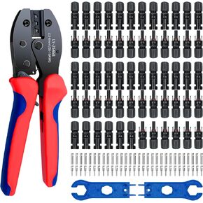 Solar Panel Connector, 60PCS Solar Crimper Tool Kit for Connecting Solar Panel Cable Wire, Solar Connector Kit with 30 Pairs Male/Female Solar Connectors, 1PCS Solar Crimper, 2 PCS Spanner Wrench