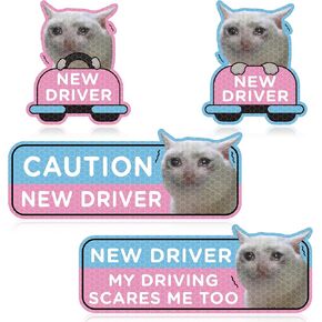 CNhoqc New Driver Car Magnet - 4pcs Crying Cat Student Driver Cartoon Nervous Cat Reflective Safety Sign Bumper Caution Reusable Sticker Christmas Winter Xmas New Year Gifts