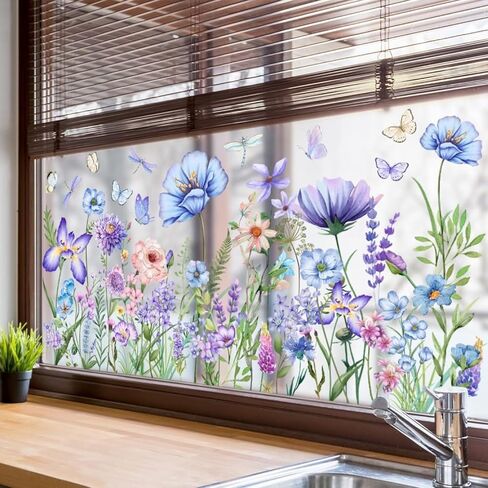 Summer Flower Window Clings Spring Double-Sided Blue Purple Wildflower Window Stickers Garden Watercolor Floral Butterfly Grass Decals Sticker Home Decor (11.8 * 23.6inch) in Saudi Arabia