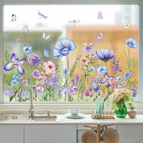 Summer Flower Window Clings Spring Double-Sided Blue Purple Wildflower Window Stickers Garden Watercolor Floral Butterfly Grass Decals Sticker Home Decor (11.8 * 23.6inch) in Saudi Arabia