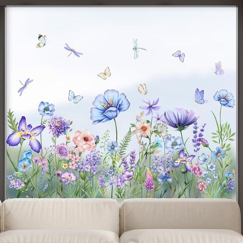 Summer Flower Window Clings Spring Double-Sided Blue Purple Wildflower Window Stickers Garden Watercolor Floral Butterfly Grass Decals Sticker Home Decor (11.8 * 23.6inch) in Saudi Arabia